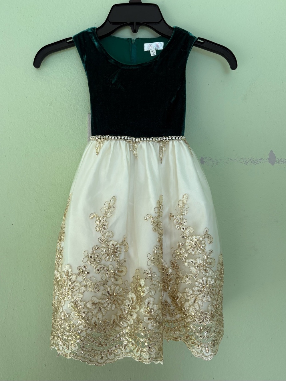 Biscotti Emerald Green and Ivory Velvet Party Dress with Gold Embroidery